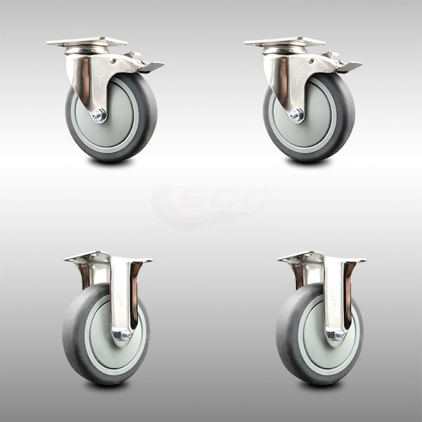 5 Inch 316SS Thermoplastic Rubber Swivel Plate Caster Lock Brake 2 Rigid, 2PK